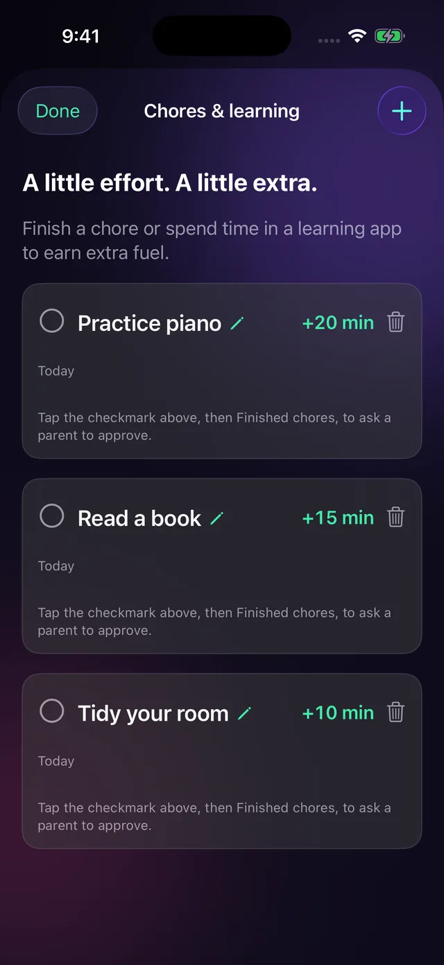 Guilt Trip's chores list with rewards: practice piano for 20 minutes, read a book for 15, tidy your room for 10.