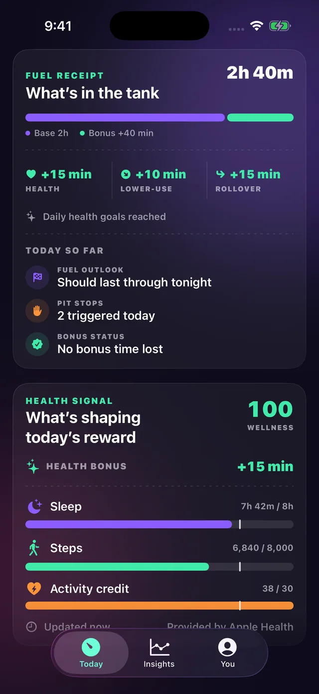 Guilt Trip's Health signal card showing sleep, steps and activity filling up toward a 15-minute bonus.