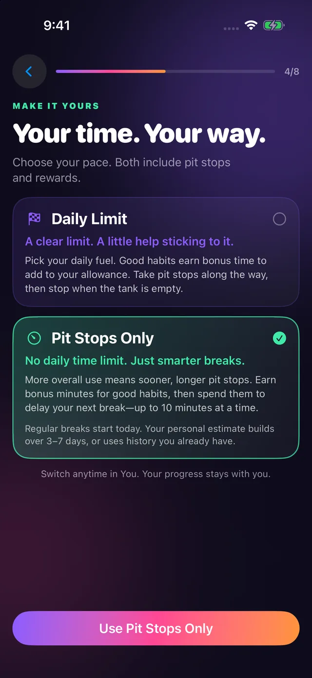 Choosing between Daily Limit and Pit Stops Only in Guilt Trip.